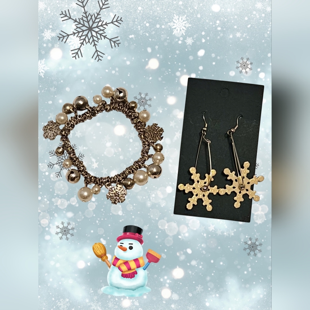 Holiday Snowflake Bracelet & Earring Set White & Silver Tone
